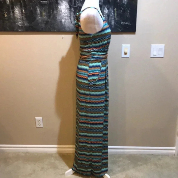 Donna Ricco New York Blue/Green/Orange Striped Halter Maxi Dress w/Pockets-Sz 6 - Picture 4 of 5